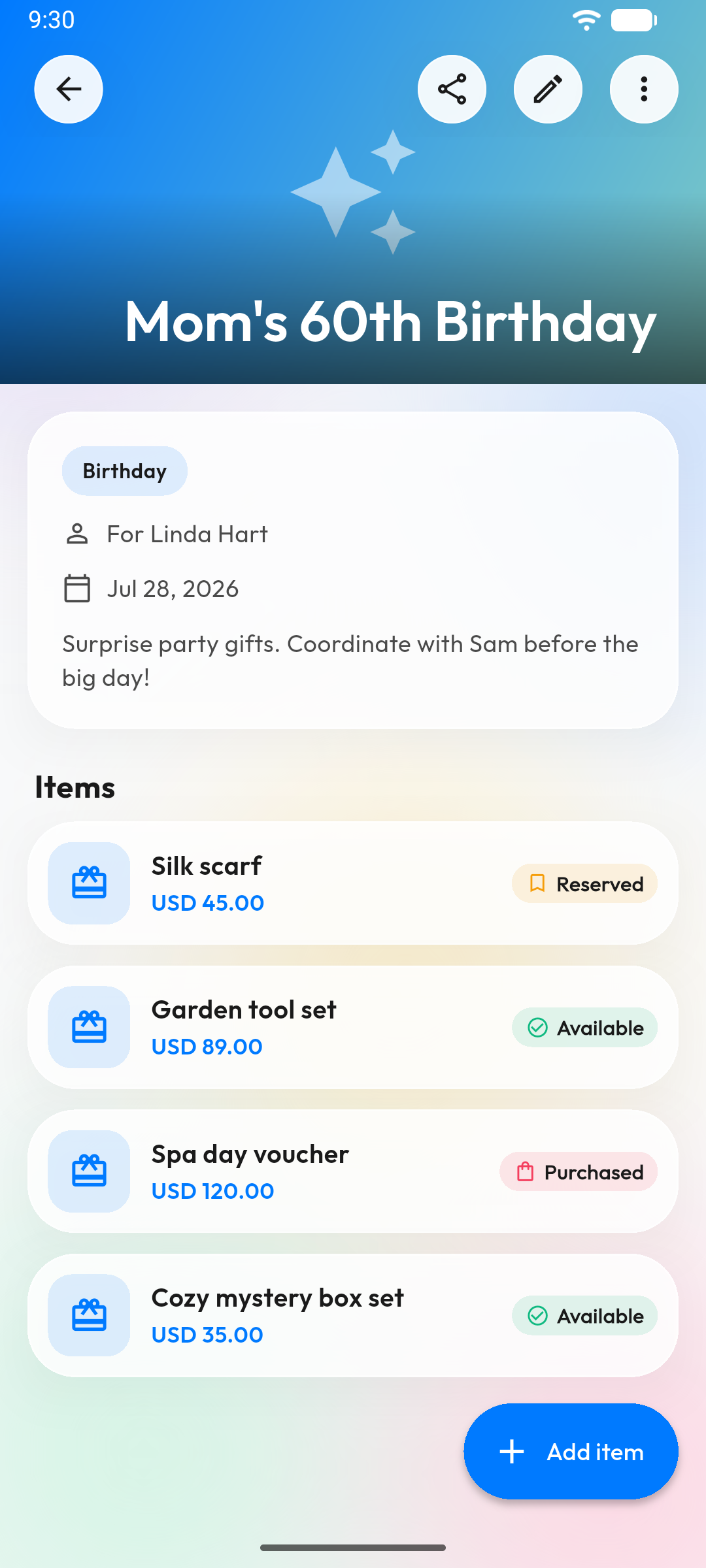 A birthday list with items marked Reserved, Available, and Purchased, each with a price