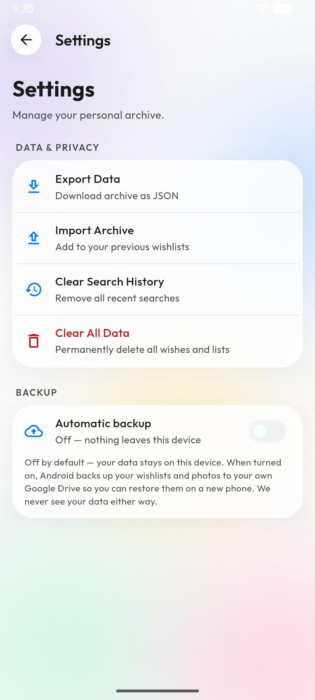 Settings screen showing the Automatic backup switch off, labelled 'Off — nothing leaves this device'